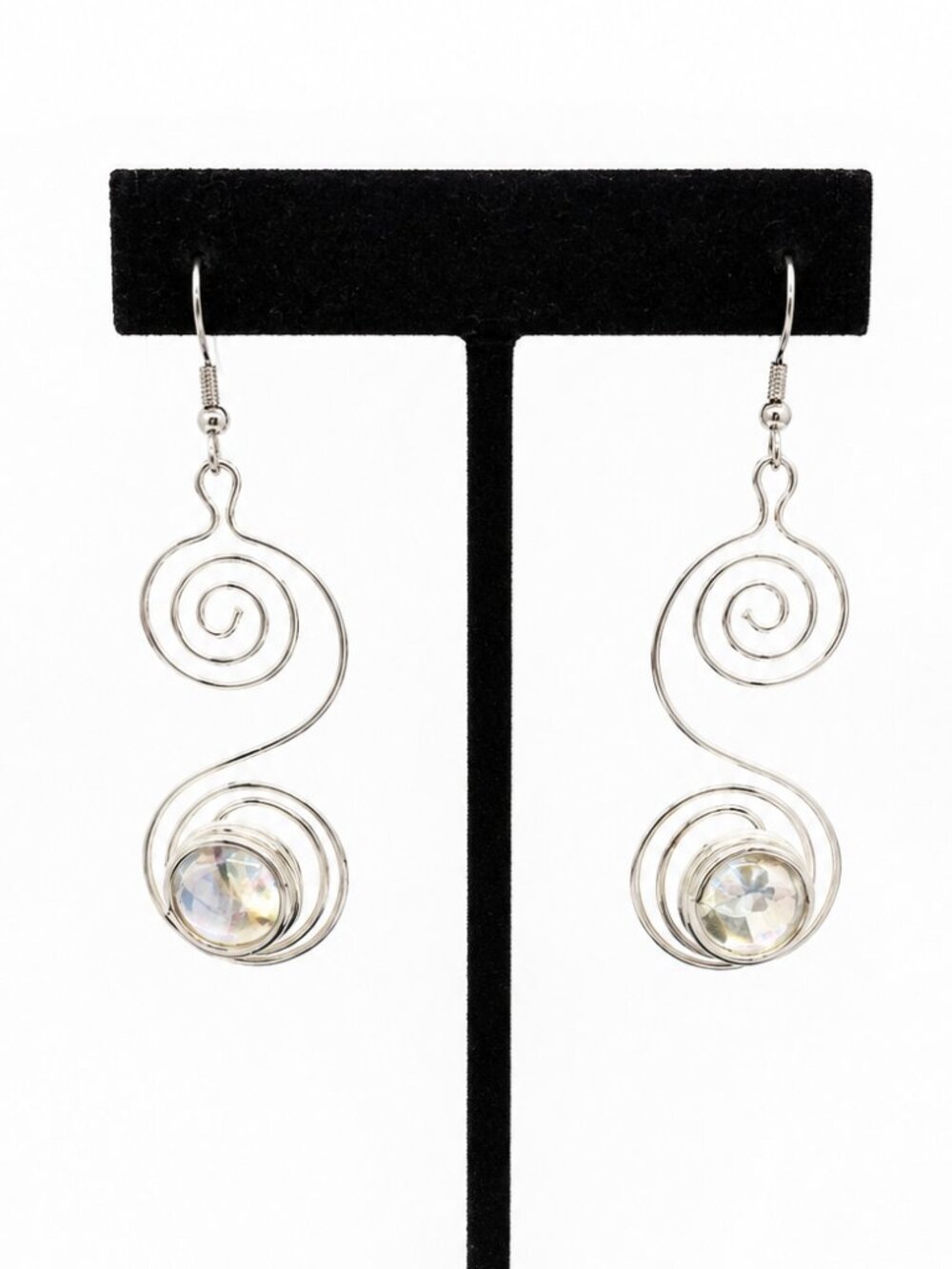 SILVER TONE EARRINGS Spiral Wire Iridescent Cabochon Modernist Dangle Pierced